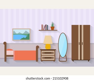 Bedroom with furniture and long shadows. Flat style vector illustration.