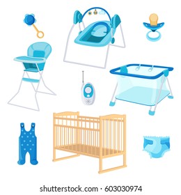 Bedroom furniture for newborn boy on white background. Vector illustration of latex teat, radio nanny, play arena, chair for babies, ringing rattle, disposable diaper, blue sliders and beige crib.