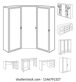 Bedroom furniture outline icons in set collection for design. Modern wooden furniture isometric vector symbol stock web illustration.