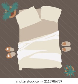 Bedroom with furniture overhead top view. Cozy double bed with interior elements. Empty bed with linens, pillows and blanket. Hand drawn vector illustration in trendy flat style.