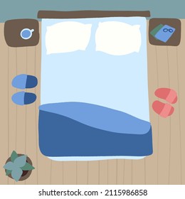 Bedroom with furniture overhead top view. Cozy double bed with interior elements. Empty bed with linens, pillows and blanket. Hand drawn vector illustration in trendy flat style.