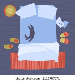 Bedroom with furniture overhead top view. Cozy double bed with interior elements. Empty bed with linens, pillows and blanket. Hand drawn vector illustration in trendy flat style.