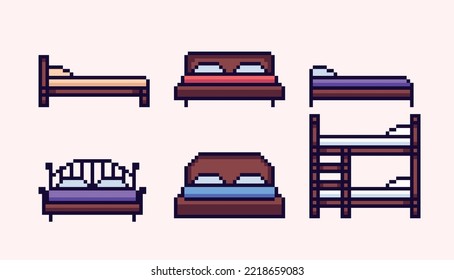 Bedroom furniture pixel art set. Single and double bed collection. 8 bit sprite. Game development, mobile app.  Isolated vector illustration.