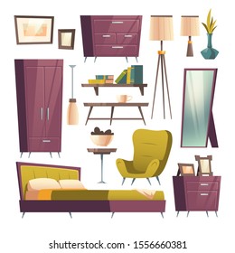 Bedroom furniture set cartoon vector illustrations. Collection elements for living room interior, bed, armchair and coffee table, wardrobe and chest of drawers, room accessories isolated on white