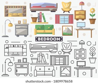 Bedroom furniture set. Isolated home bedroom indoor interior color and thin line icons. Bed, table, lamp, sofa, window collection. Modern room furniture vector illustration