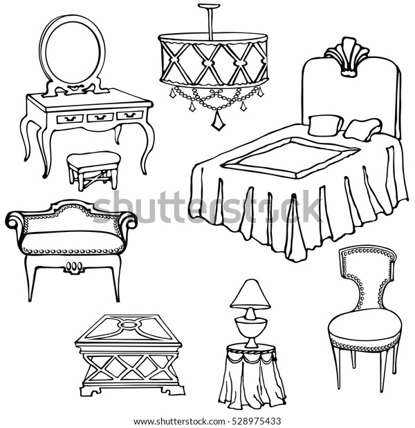 Bedroom Furniture Set Vector Doodle Handdrawn Stock