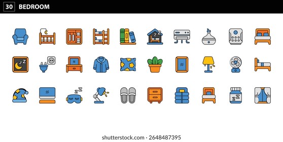 Bedroom Furniture and Sleep Accessories Icons - Comfort, Relaxation, and Home Decor Symbols