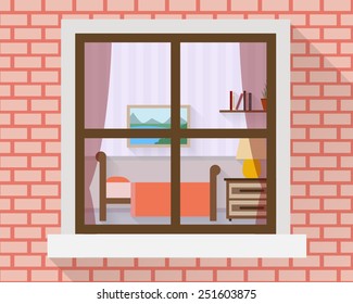 Bedroom with furniture through the window. Flat style vector illustration.