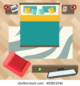 Bedroom with furniture  top view. Flat style vector illustration.