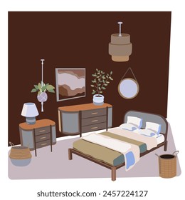 Bedroom furniture vector set. Boho style room. Bedroom cartoon brown wooden furniture. Flat bedroom interior. Bed, wardrobe, lamp, flowers and other bedroom decor