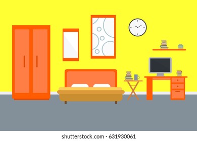 Bedroom with furniture. Wardrobe with clothes and mirror. Flat style vector illustration. Cozy interior .