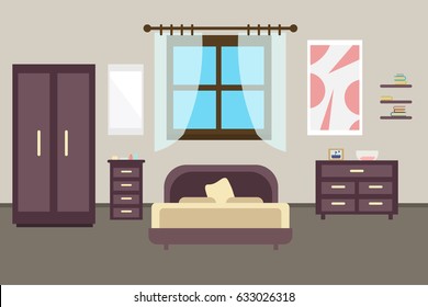 Bedroom with furniture. Wardrobe with clothes and mirror. Flat style vector illustration. Cozy interior .