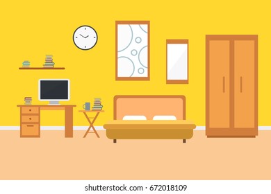 Bedroom with furniture. Wardrobe with clothes and mirror. Flat style vector illustration. Cozy interior .