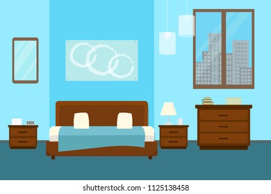 Bedroom with furniture and window. Flat style vector illustration. Cozy interior. Hotel room