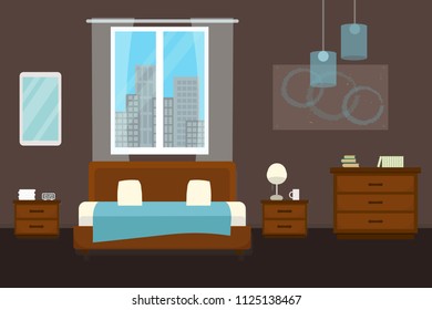 Bedroom with furniture and window. Flat style vector illustration. Cozy interior. Hotel room