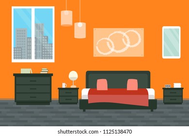Bedroom with furniture and window. Flat style vector illustration. Cozy interior. Hotel room