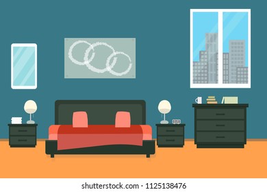 Bedroom with furniture and window. Flat style vector illustration. Cozy interior. Hotel room