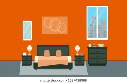 Bedroom with furniture and window. Flat style vector illustration. Cozy interior. Hotel suite