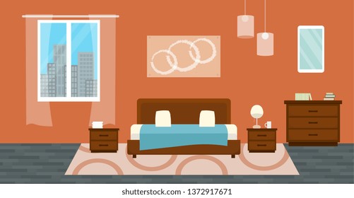 Bedroom with furniture and window. Flat style vector illustration. Cozy interior. Hotel room