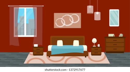 Bedroom with furniture and window. Flat style vector illustration. Cozy interior. Hotel room