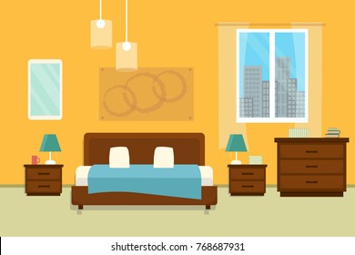 Bedroom With Furniture And Window. Flat Style Vector Illustration. Cozy Interior. Hotel Room.