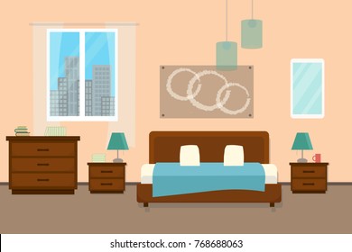 Bedroom with furniture and window. Flat style vector illustration. Cozy interior. Hotel room.