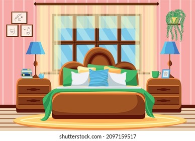 Bedroom with furniture and a window. Paintings and plants on the wall, lamps and bedside tables. Interior. Flat style illustration.