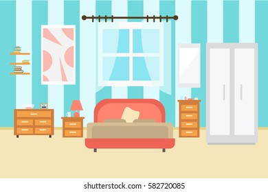 Bedroom with furniture and window. Wardrobe with clothes and mirror. Flat style vector illustration. Cozy interior .
