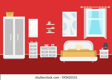 Bedroom with furniture and window. Wardrobe with clothes and mirror. Flat style vector illustration. Cozy interior.
