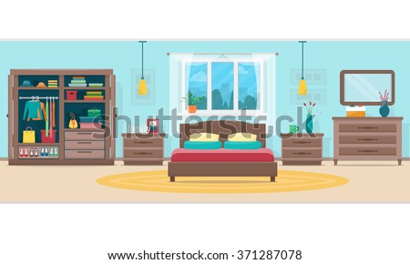 Bedroom with furniture and window. Wardrobe with clothes and mirror. Flat style vector illustration.