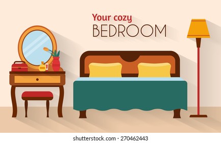 Bedroom with furniture and woman boudoir with table, mirror and chair. Flat style vector illustration.