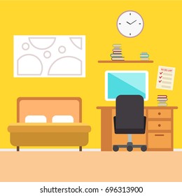 Bedroom with furniture.Flat style vector illustration. Cozy interior .