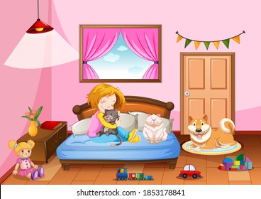 Bedroom of girl in pink color theme with a girl and pet animal illustration