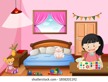 Bedroom of girl in pink color theme with a girl illustration