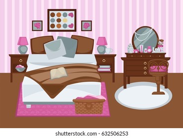 Bedroom for girl in pink colors flat illustration