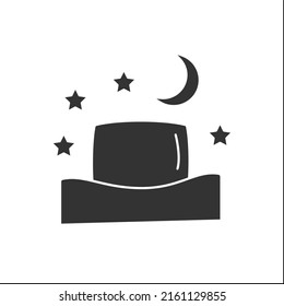 Schlafzimmersymbol. Komfortables Schlafbett. Kissen und Decken. Nachtzeit. Schlafkonzept. Flat Schild. Isolierte Silhouette, Vektorgrafik