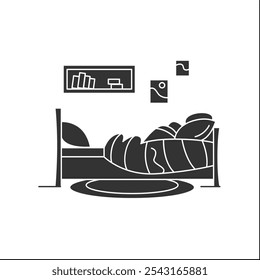 Bedroom glyph icon. Comfortable stylish bedroom. Bed and decor elements. Decor elements. Cozy room.Blanket house concept. Filled flat sign. Isolated silhouette vector illustration