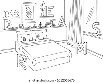 Bedroom graphic black white home interior sketch illustration vector