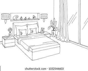 Bedroom graphic black white home interior sketch illustration vector