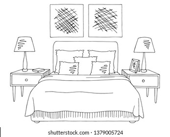 Bedroom graphic black white home interior sketch illustration vector