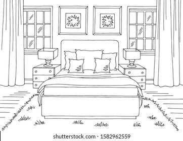 Bedroom graphic black white home interior sketch illustration vector