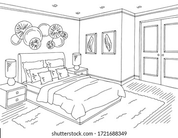 Bedroom Graphic Black White Home Interior Sketch Illustration Vector