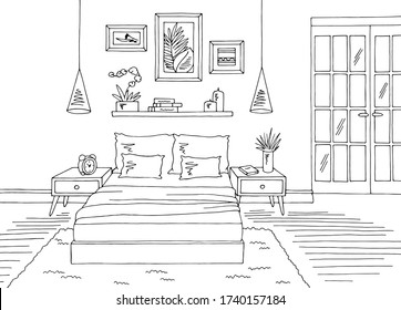 Bedroom graphic black white home interior sketch illustration vector