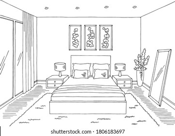 Bedroom graphic black white home interior sketch illustration vector