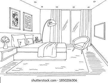 Bedroom graphic. Black and white home interior sketch, vector illustration.