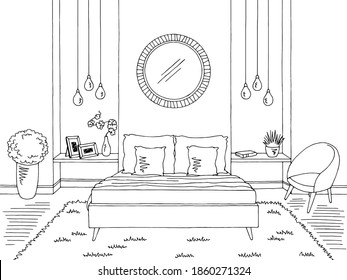 Bedroom Graphic Black White Home Interior Sketch Illustration Vector