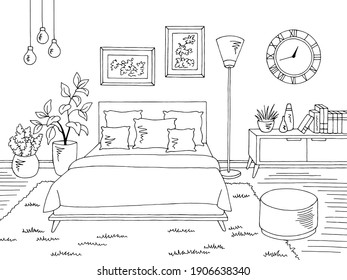 Bedroom graphic black white home interior sketch illustration vector 