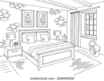 Bedroom graphic black white home interior sketch illustration vector 