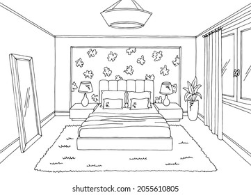 Bedroom Graphic Black White Home Interior Sketch Illustration Vector 