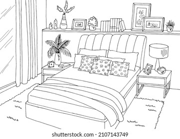 Bedroom graphic black white home interior sketch illustration vector 